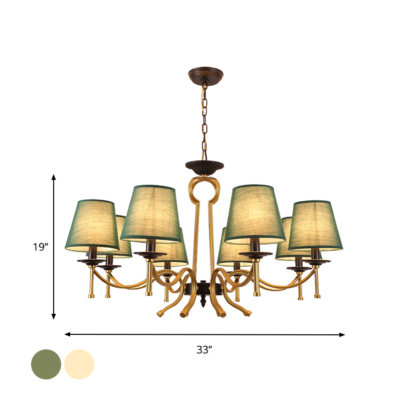 Blackish Green/Flaxen 6/8 Lights Chandelier Retro Fabric Conical Shade Close to Ceiling Lamp with Curvy Metal Arm Clearhalo 'Ceiling Lights' 'Chandeliers' Lighting' options 1222928