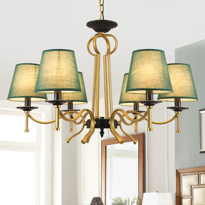 Blackish Green/Flaxen 6/8 Lights Chandelier Retro Fabric Conical Shade Close to Ceiling Lamp with Curvy Metal Arm 6 Blackish Green Clearhalo 'Ceiling Lights' 'Chandeliers' Lighting' options 1222933_b4ca9ded-25b7-4919-b05a-0a2b69778155