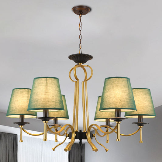 Blackish Green/Flaxen 6/8 Lights Chandelier Retro Fabric Conical Shade Close to Ceiling Lamp with Curvy Metal Arm Clearhalo 'Ceiling Lights' 'Chandeliers' Lighting' options 1222934