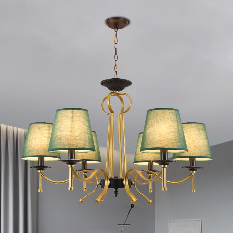 Blackish Green/Flaxen 6/8 Lights Chandelier Retro Fabric Conical Shade Close to Ceiling Lamp with Curvy Metal Arm Clearhalo 'Ceiling Lights' 'Chandeliers' Lighting' options 1222935