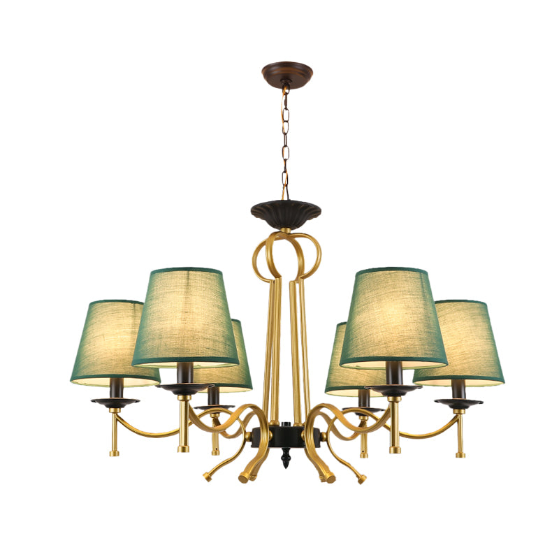 Blackish Green/Flaxen 6/8 Lights Chandelier Retro Fabric Conical Shade Close to Ceiling Lamp with Curvy Metal Arm Clearhalo 'Ceiling Lights' 'Chandeliers' Lighting' options 1222936