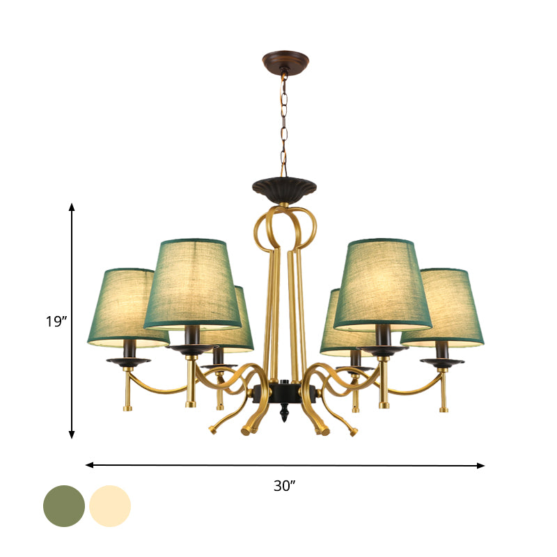 Blackish Green/Flaxen 6/8 Lights Chandelier Retro Fabric Conical Shade Close to Ceiling Lamp with Curvy Metal Arm Clearhalo 'Ceiling Lights' 'Chandeliers' Lighting' options 1222937