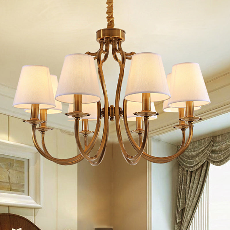 6/8 Heads Metal Pendant Chandelier Traditional Brass Swooping Arm Guest Room Lighting Fixture with Tapered Fabric Shade 8 Brass Clearhalo 'Ceiling Lights' 'Chandeliers' Lighting' options 1222970_37e4b032-9c07-47f1-9e0b-9af1a6843ff7