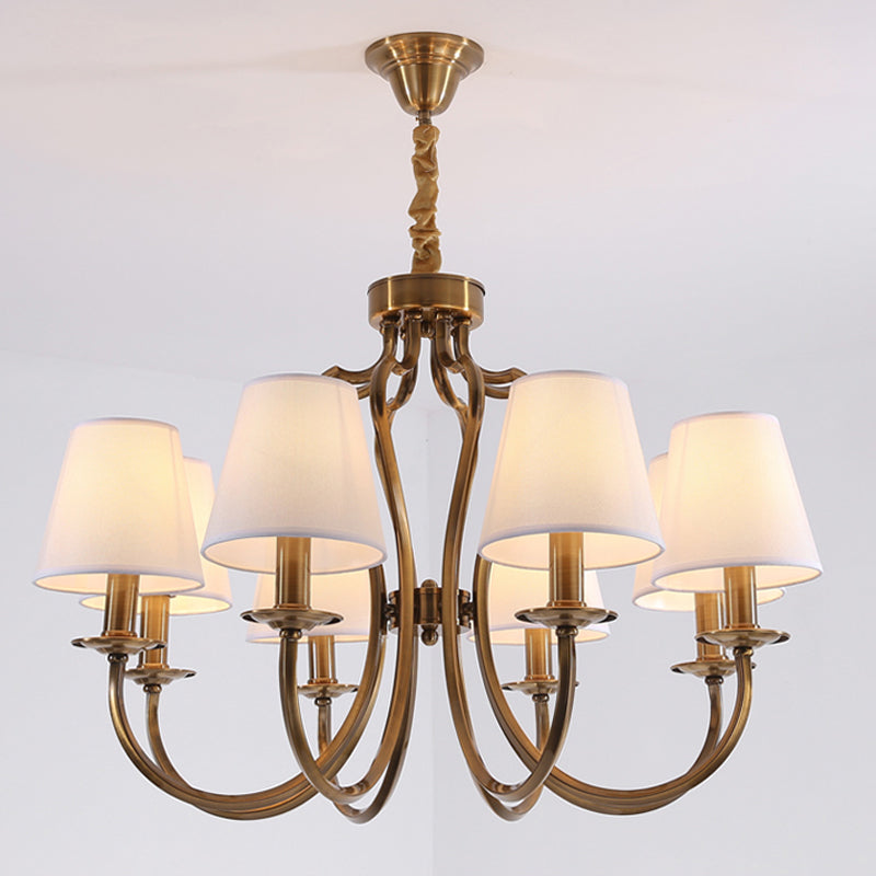 6/8 Heads Metal Pendant Chandelier Traditional Brass Swooping Arm Guest Room Lighting Fixture with Tapered Fabric Shade Clearhalo 'Ceiling Lights' 'Chandeliers' Lighting' options 1222972