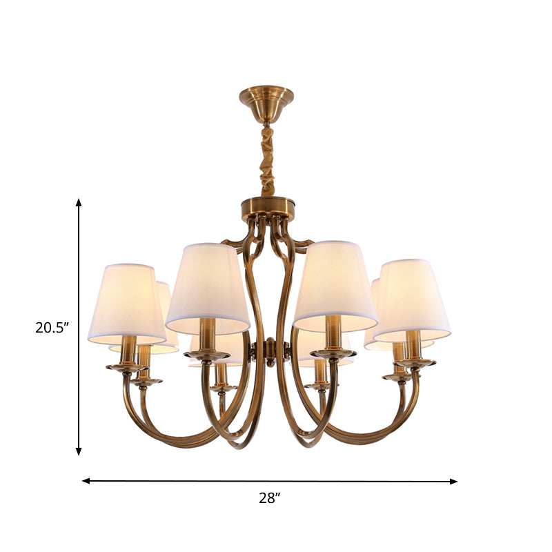 6/8 Heads Metal Pendant Chandelier Traditional Brass Swooping Arm Guest Room Lighting Fixture with Tapered Fabric Shade Clearhalo 'Ceiling Lights' 'Chandeliers' Lighting' options 1222973