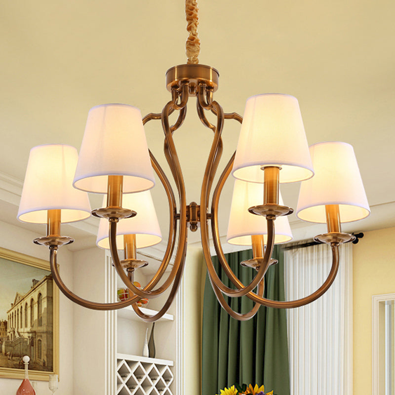 6/8 Heads Metal Pendant Chandelier Traditional Brass Swooping Arm Guest Room Lighting Fixture with Tapered Fabric Shade 6 Brass Clearhalo 'Ceiling Lights' 'Chandeliers' Lighting' options 1222974_8c45059a-2f4a-4151-8320-03f5915f70de