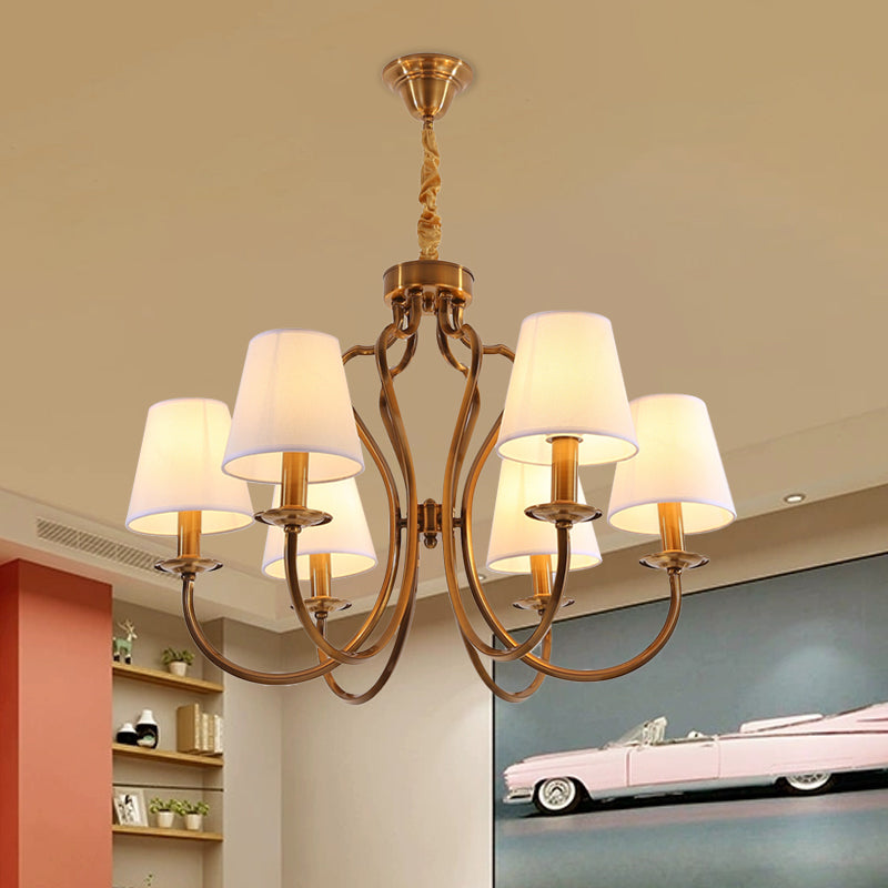 6/8 Heads Metal Pendant Chandelier Traditional Brass Swooping Arm Guest Room Lighting Fixture with Tapered Fabric Shade Clearhalo 'Ceiling Lights' 'Chandeliers' Lighting' options 1222976