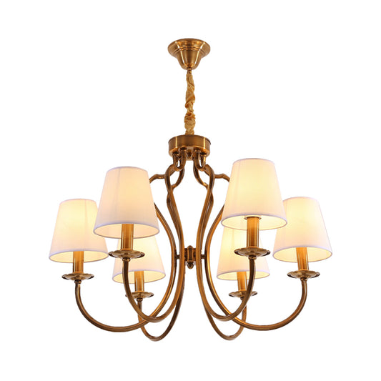 6/8 Heads Metal Pendant Chandelier Traditional Brass Swooping Arm Guest Room Lighting Fixture with Tapered Fabric Shade Clearhalo 'Ceiling Lights' 'Chandeliers' Lighting' options 1222977