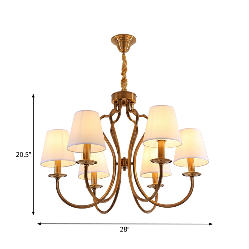 6/8 Heads Metal Pendant Chandelier Traditional Brass Swooping Arm Guest Room Lighting Fixture with Tapered Fabric Shade Clearhalo 'Ceiling Lights' 'Chandeliers' Lighting' options 1222978