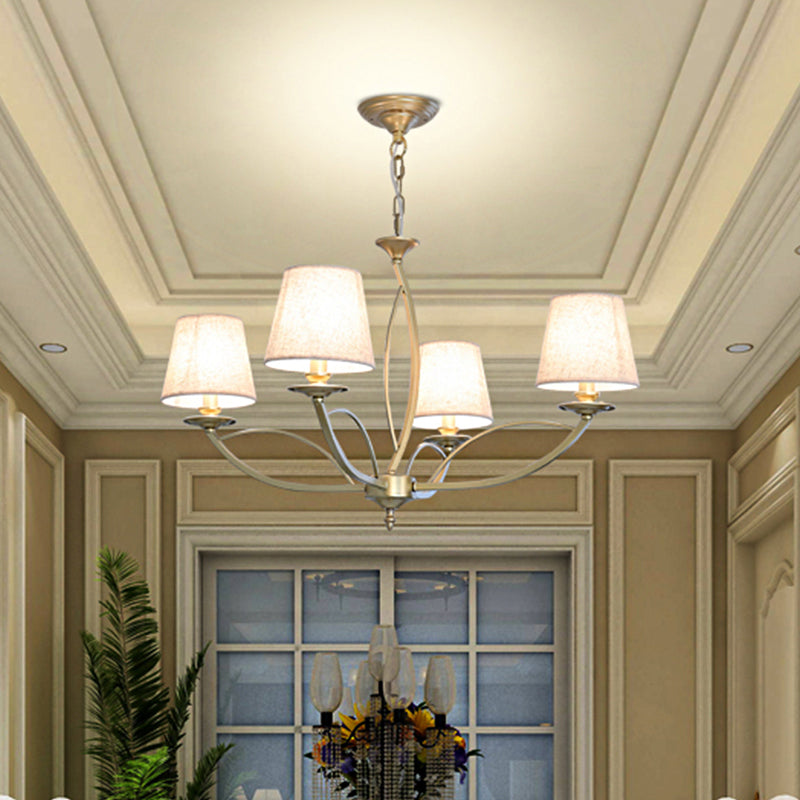 Swooping Arm Metallic Chandelier Lighting Traditional Style 4/6/8 Heads Guest Room Suspension Lamp in White/Green 4 White Clearhalo 'Ceiling Lights' 'Chandeliers' Lighting' options 1223054_3542fea4-f353-4209-aedb-69275f974376