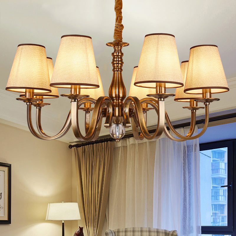 5/8 Heads Chandelier Lighting Fixture with Conical Shade Fabric Vintage Living Room Hanging Pendant in Brass 8 Brass Clearhalo 'Ceiling Lights' 'Chandeliers' Lighting' options 1223098_f937f086-b69c-4844-8370-93f5a3b03fbb