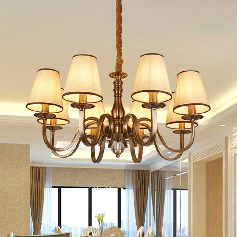 5/8 Heads Chandelier Lighting Fixture with Conical Shade Fabric Vintage Living Room Hanging Pendant in Brass Clearhalo 'Ceiling Lights' 'Chandeliers' Lighting' options 1223099