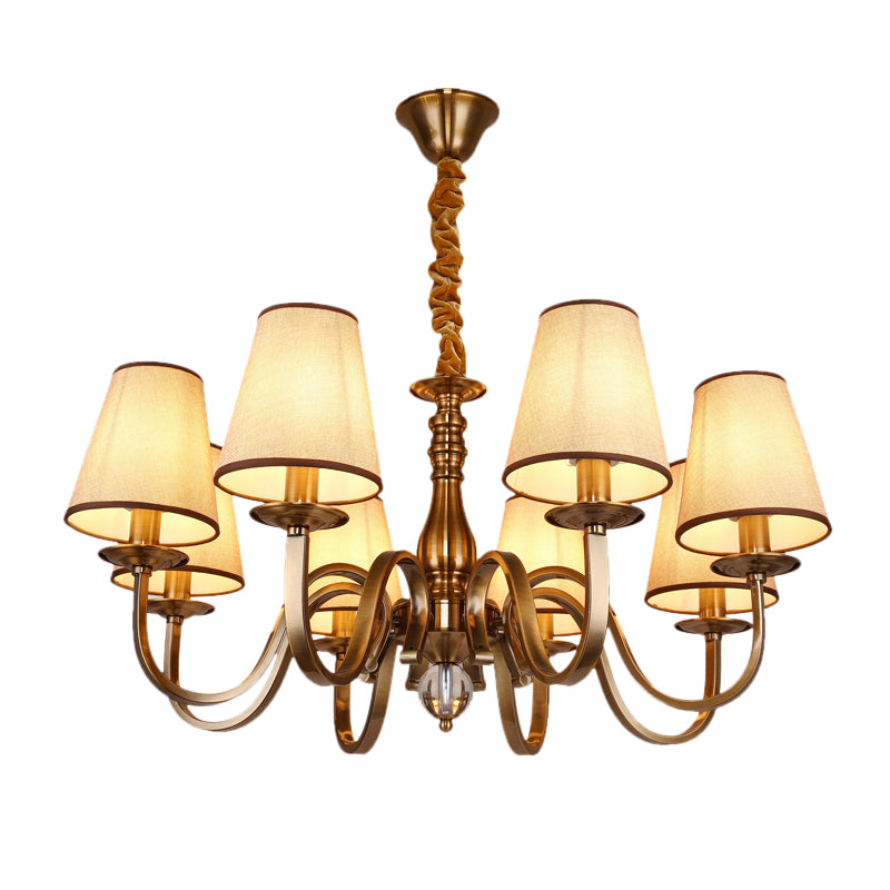 5/8 Heads Chandelier Lighting Fixture with Conical Shade Fabric Vintage Living Room Hanging Pendant in Brass Clearhalo 'Ceiling Lights' 'Chandeliers' Lighting' options 1223100