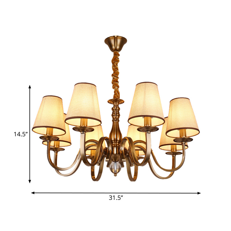 5/8 Heads Chandelier Lighting Fixture with Conical Shade Fabric Vintage Living Room Hanging Pendant in Brass Clearhalo 'Ceiling Lights' 'Chandeliers' Lighting' options 1223101