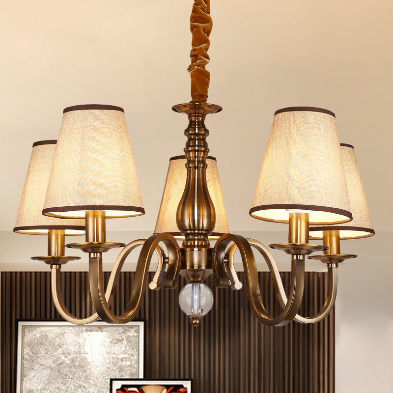 5/8 Heads Chandelier Lighting Fixture with Conical Shade Fabric Vintage Living Room Hanging Pendant in Brass Clearhalo 'Ceiling Lights' 'Chandeliers' Lighting' options 1223102