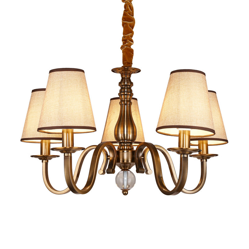 5/8 Heads Chandelier Lighting Fixture with Conical Shade Fabric Vintage Living Room Hanging Pendant in Brass Clearhalo 'Ceiling Lights' 'Chandeliers' Lighting' options 1223104