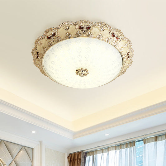 Milky Glass Dome Shaped Flushmount Retro Style LED Bedroom Close to Ceiling Lighting in Gold, 14"/16"/19.5" W Clearhalo 'Ceiling Lights' 'Close To Ceiling Lights' 'Close to ceiling' 'Flush mount' Lighting' 1223580