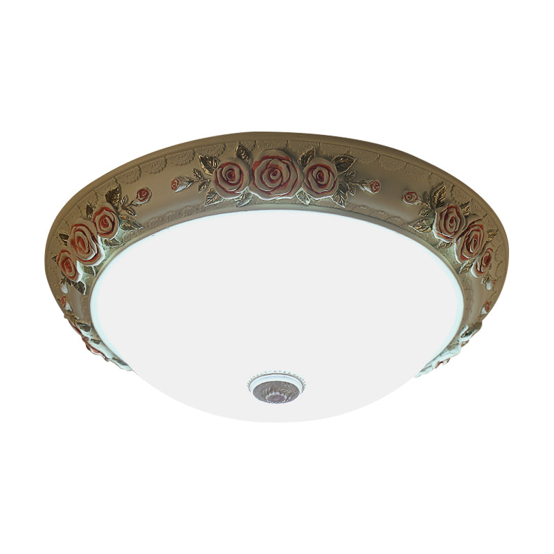 White Glass Flush-Mount Light Fixture Domed Design LED Vintage Ceiling Lighting with Floral Accent, 12"/16"/19.5" Wide Clearhalo 'Ceiling Lights' 'Close To Ceiling Lights' 'Close to ceiling' 'Flush mount' Lighting' 1223600