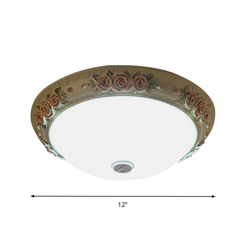 White Glass Flush-Mount Light Fixture Domed Design LED Vintage Ceiling Lighting with Floral Accent, 12"/16"/19.5" Wide Clearhalo 'Ceiling Lights' 'Close To Ceiling Lights' 'Close to ceiling' 'Flush mount' Lighting' 1223601