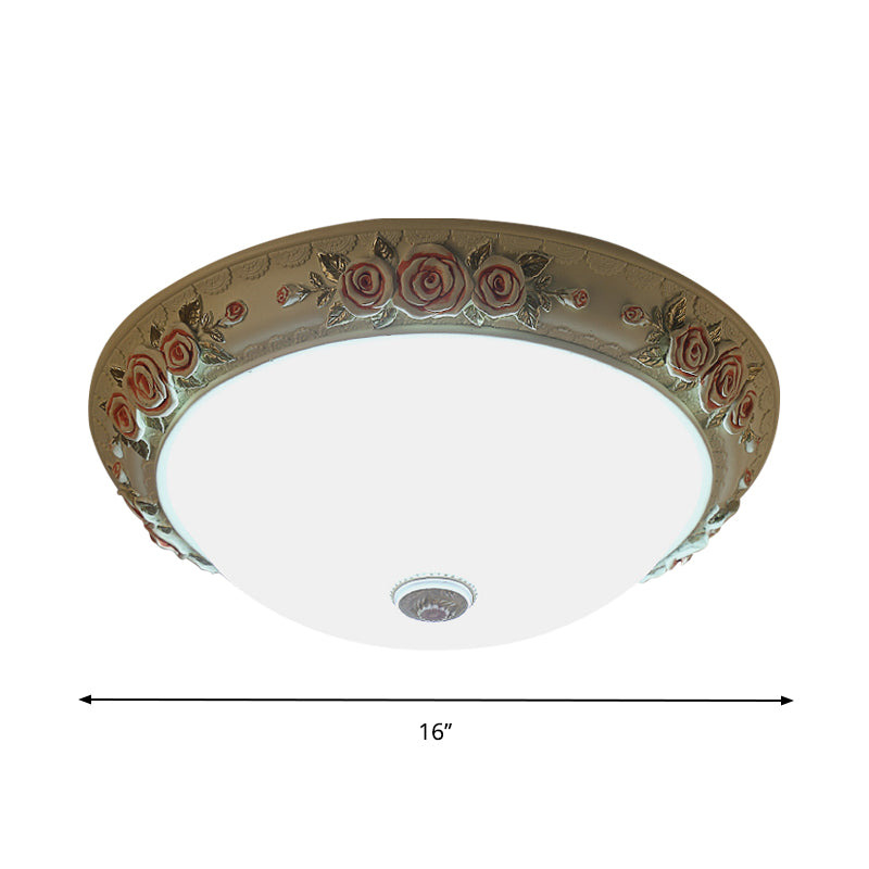 White Glass Flush-Mount Light Fixture Domed Design LED Vintage Ceiling Lighting with Floral Accent, 12"/16"/19.5" Wide Clearhalo 'Ceiling Lights' 'Close To Ceiling Lights' 'Close to ceiling' 'Flush mount' Lighting' 1223602