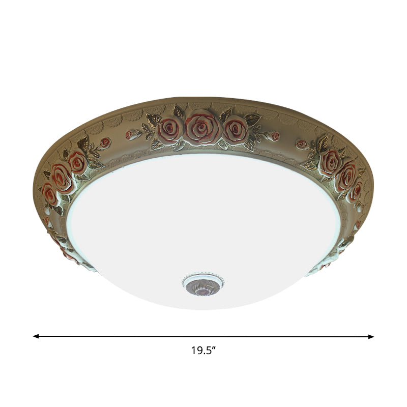 White Glass Flush-Mount Light Fixture Domed Design LED Vintage Ceiling Lighting with Floral Accent, 12"/16"/19.5" Wide Clearhalo 'Ceiling Lights' 'Close To Ceiling Lights' 'Close to ceiling' 'Flush mount' Lighting' 1223603