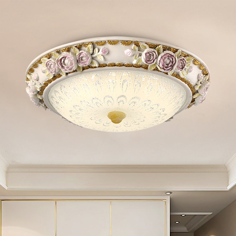 Traditional Dome Shaped Ceiling Lamp LED Milky Glass Flush Mount Lighting in White with Blossom Accent, 12"/16"/19.5" W Clearhalo 'Ceiling Lights' 'Close To Ceiling Lights' 'Close to ceiling' 'Flush mount' Lighting' 1223608