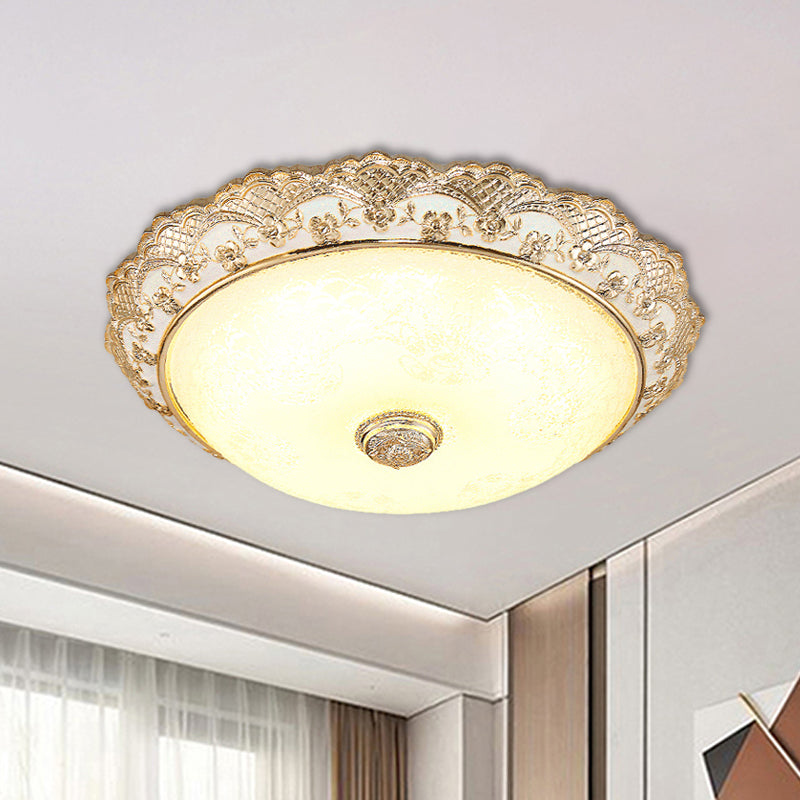 Gold LED Ceiling Mounted Light Traditional Cream Glass Domed Design Flush Light for Bedroom, 12"/16"/19.5" Width Clearhalo 'Ceiling Lights' 'Close To Ceiling Lights' 'Close to ceiling' 'Flush mount' Lighting' 1223617