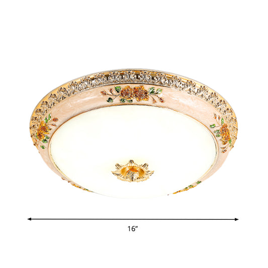 12"/16"/19.5" Width Gold Domed Ceiling Flush Traditional Opaque Glass LED Bedroom Flushmount Lighting with Carved Flower Clearhalo 'Ceiling Lights' 'Close To Ceiling Lights' 'Close to ceiling' 'Flush mount' Lighting' 1223629