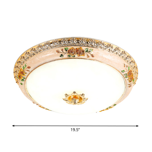 12"/16"/19.5" Width Gold Domed Ceiling Flush Traditional Opaque Glass LED Bedroom Flushmount Lighting with Carved Flower Clearhalo 'Ceiling Lights' 'Close To Ceiling Lights' 'Close to ceiling' 'Flush mount' Lighting' 1223630