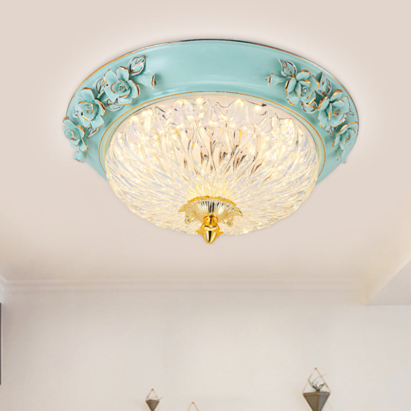 Bowl Up Design Flush Light Fixture Retro Style LED Clear Glass Ceiling Lamp in Blue for Dining Room, 11"/15" W Blue Clearhalo 'Ceiling Lights' 'Close To Ceiling Lights' 'Close to ceiling' 'Flush mount' Lighting' 1223631