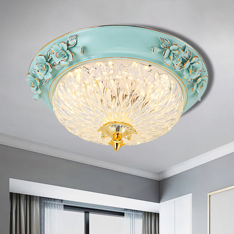 Bowl Up Design Flush Light Fixture Retro Style LED Clear Glass Ceiling Lamp in Blue for Dining Room, 11"/15" W Clearhalo 'Ceiling Lights' 'Close To Ceiling Lights' 'Close to ceiling' 'Flush mount' Lighting' 1223632