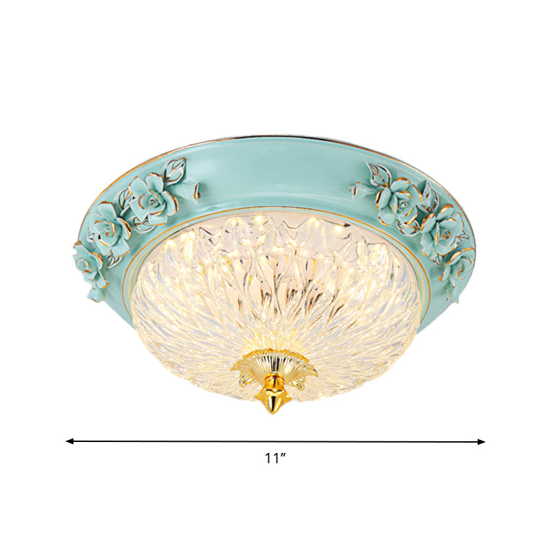 Bowl Up Design Flush Light Fixture Retro Style LED Clear Glass Ceiling Lamp in Blue for Dining Room, 11"/15" W Clearhalo 'Ceiling Lights' 'Close To Ceiling Lights' 'Close to ceiling' 'Flush mount' Lighting' 1223634