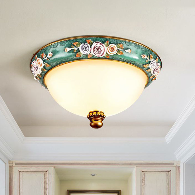 Green Floral Design Flush Mount Light Fixture Retro Resin 3 Lights Bedroom Ceiling Lighting with Dome Shade Green Clearhalo 'Ceiling Lights' 'Close To Ceiling Lights' 'Close to ceiling' 'Flush mount' Lighting' 1223681