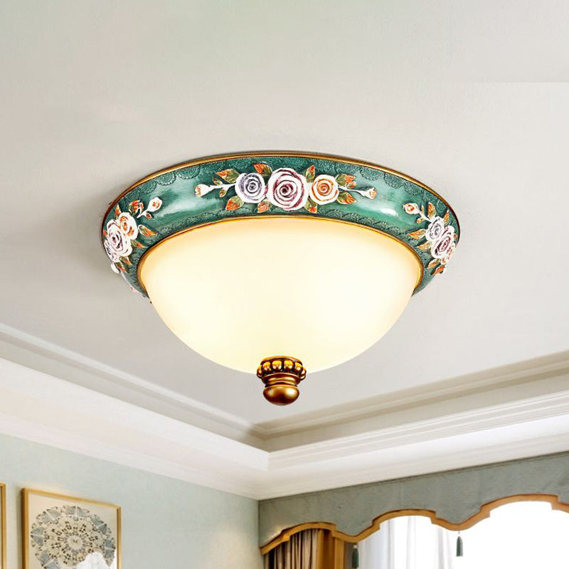 Green Floral Design Flush Mount Light Fixture Retro Resin 3 Lights Bedroom Ceiling Lighting with Dome Shade Clearhalo 'Ceiling Lights' 'Close To Ceiling Lights' 'Close to ceiling' 'Flush mount' Lighting' 1223682