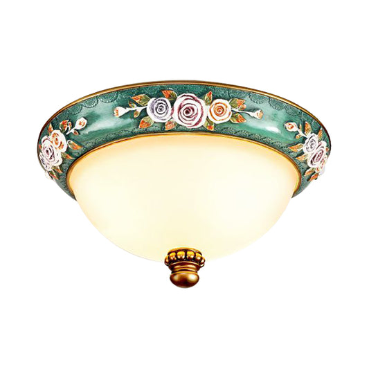 Green Floral Design Flush Mount Light Fixture Retro Resin 3 Lights Bedroom Ceiling Lighting with Dome Shade Clearhalo 'Ceiling Lights' 'Close To Ceiling Lights' 'Close to ceiling' 'Flush mount' Lighting' 1223683