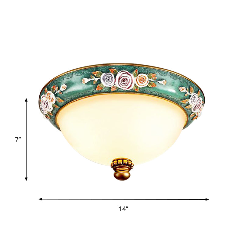 Green Floral Design Flush Mount Light Fixture Retro Resin 3 Lights Bedroom Ceiling Lighting with Dome Shade Clearhalo 'Ceiling Lights' 'Close To Ceiling Lights' 'Close to ceiling' 'Flush mount' Lighting' 1223684