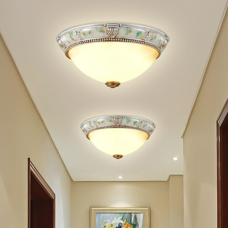 11"/15"/19" W 1-Head Ivory Glass Flushmount Traditional Style Silver Dome Shaped Corridor Close to Ceiling Lighting Clearhalo 'Ceiling Lights' 'Close To Ceiling Lights' 'Close to ceiling' 'Flush mount' Lighting' 1223693