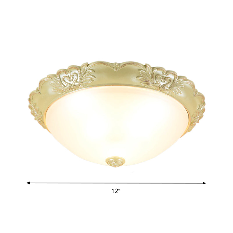 Beige 1 Bulb Flush Mount Recessed Lighting Retro Cream Glass Domed Light Fixture, 12"/15"/19" Width Clearhalo 'Ceiling Lights' 'Close To Ceiling Lights' 'Close to ceiling' 'Flush mount' Lighting' 1223713