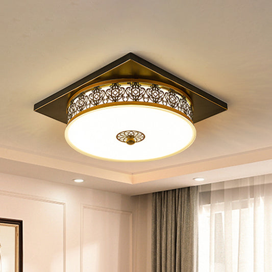 Drum Design Opaline Glass Flushmount Traditional LED Bedroom Ceiling Light Fixture in Black, 12"/16"/19.5" W Black Clearhalo 'Ceiling Lights' 'Close To Ceiling Lights' 'Close to ceiling' 'Flush mount' Lighting' 1223753