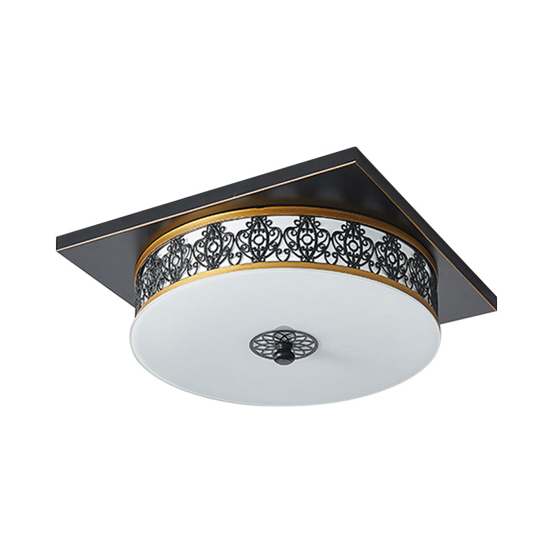 Drum Design Opaline Glass Flushmount Traditional LED Bedroom Ceiling Light Fixture in Black, 12"/16"/19.5" W Clearhalo 'Ceiling Lights' 'Close To Ceiling Lights' 'Close to ceiling' 'Flush mount' Lighting' 1223755