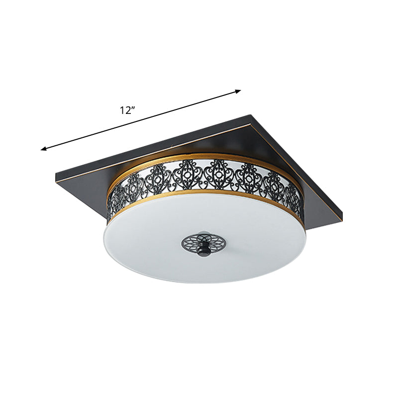 Drum Design Opaline Glass Flushmount Traditional LED Bedroom Ceiling Light Fixture in Black, 12"/16"/19.5" W Clearhalo 'Ceiling Lights' 'Close To Ceiling Lights' 'Close to ceiling' 'Flush mount' Lighting' 1223756