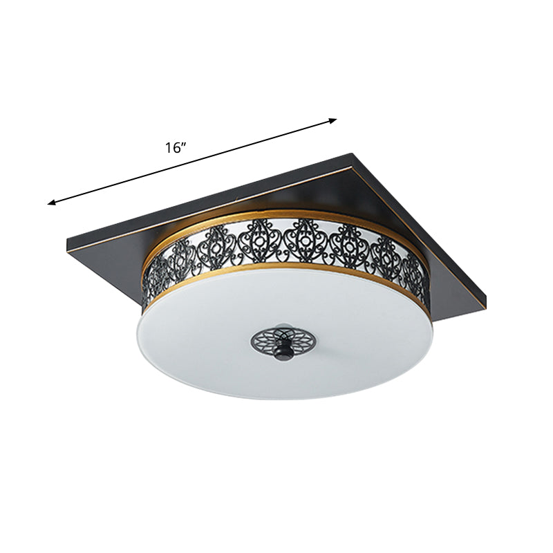 Drum Design Opaline Glass Flushmount Traditional LED Bedroom Ceiling Light Fixture in Black, 12"/16"/19.5" W Clearhalo 'Ceiling Lights' 'Close To Ceiling Lights' 'Close to ceiling' 'Flush mount' Lighting' 1223757