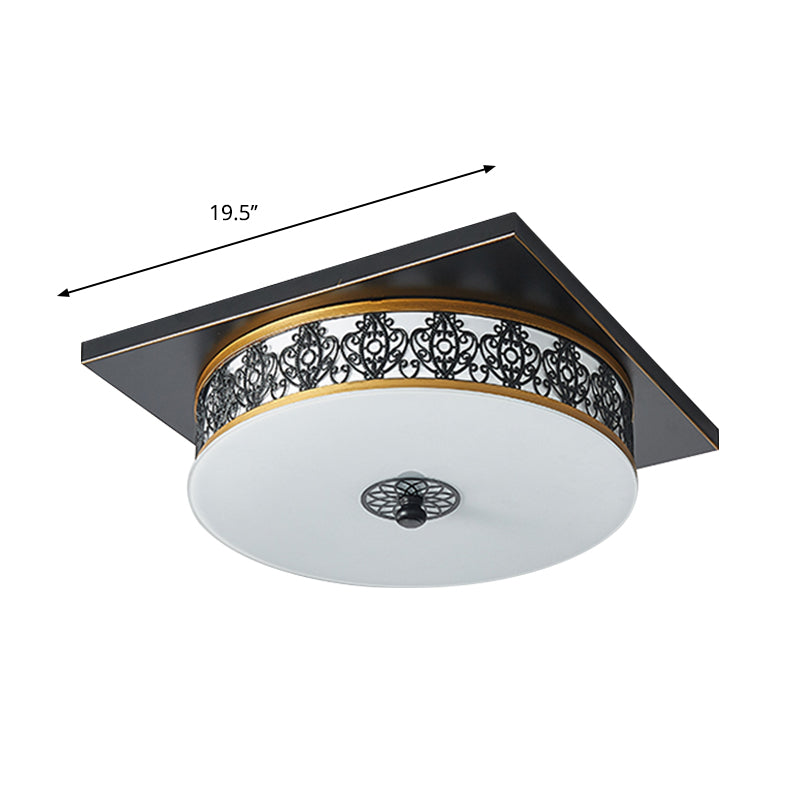 Drum Design Opaline Glass Flushmount Traditional LED Bedroom Ceiling Light Fixture in Black, 12"/16"/19.5" W Clearhalo 'Ceiling Lights' 'Close To Ceiling Lights' 'Close to ceiling' 'Flush mount' Lighting' 1223758