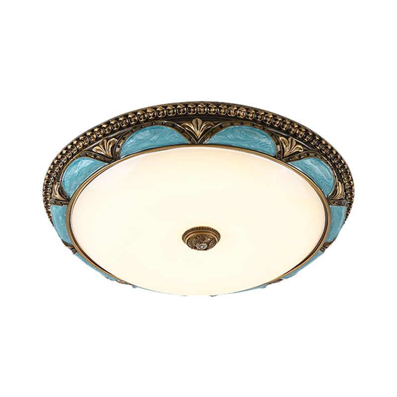 Blue Floral Design Ceiling Lamp Antique Style Cream Glass LED Bedroom Flush Mount Fixture, 13"/16"/19.5" Wide Clearhalo 'Ceiling Lights' 'Close To Ceiling Lights' 'Close to ceiling' 'Flush mount' Lighting' 1223764