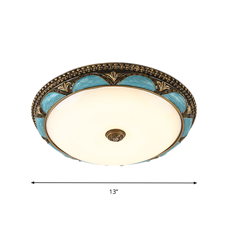 Blue Floral Design Ceiling Lamp Antique Style Cream Glass LED Bedroom Flush Mount Fixture, 13"/16"/19.5" Wide Clearhalo 'Ceiling Lights' 'Close To Ceiling Lights' 'Close to ceiling' 'Flush mount' Lighting' 1223765