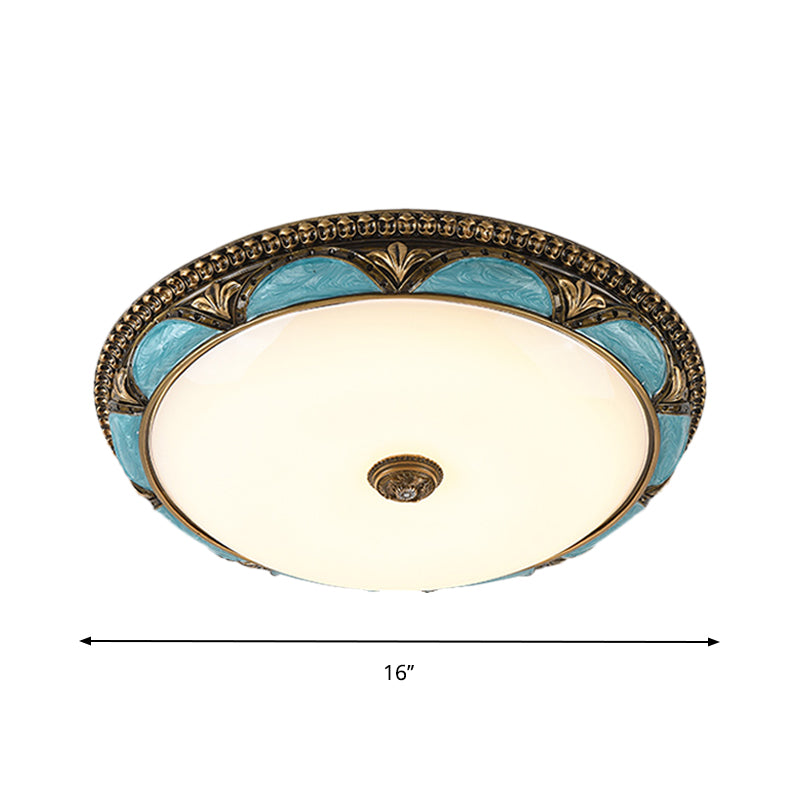 Blue Floral Design Ceiling Lamp Antique Style Cream Glass LED Bedroom Flush Mount Fixture, 13"/16"/19.5" Wide Clearhalo 'Ceiling Lights' 'Close To Ceiling Lights' 'Close to ceiling' 'Flush mount' Lighting' 1223766