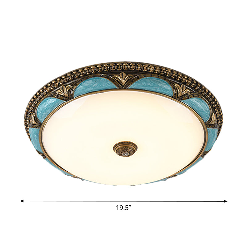 Blue Floral Design Ceiling Lamp Antique Style Cream Glass LED Bedroom Flush Mount Fixture, 13"/16"/19.5" Wide Clearhalo 'Ceiling Lights' 'Close To Ceiling Lights' 'Close to ceiling' 'Flush mount' Lighting' 1223767