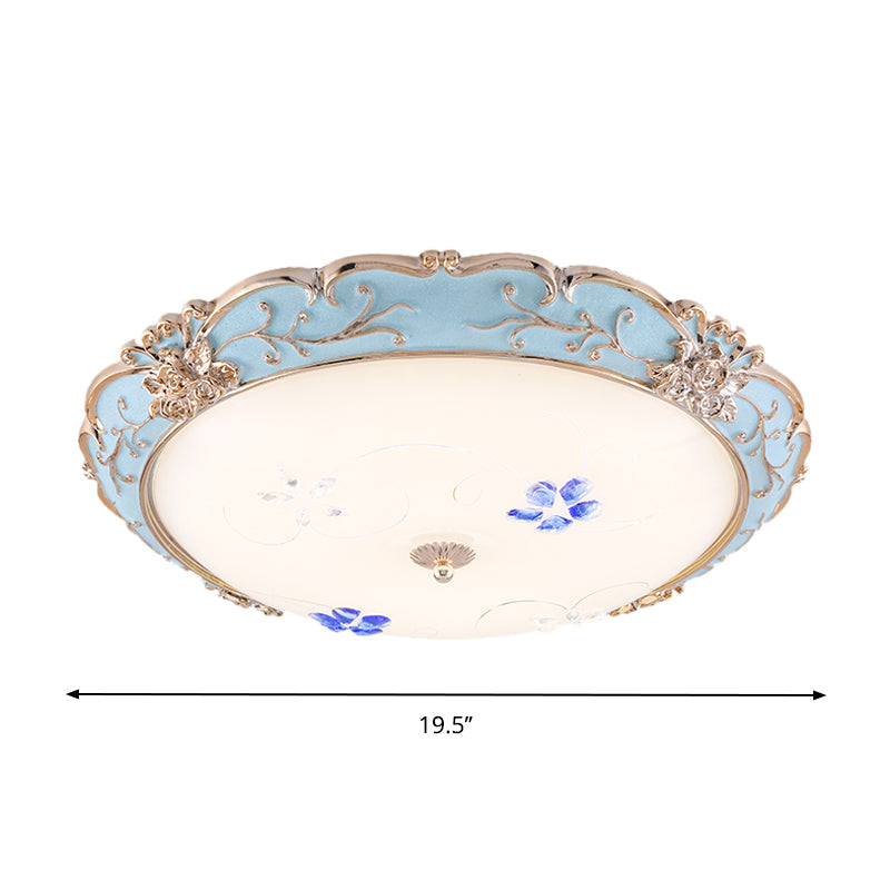 13"/16"/19.5" Wide LED Flush Mount Light with Floral Shade Opaque Glass Vintage Bedroom Ceiling Lighting in Light Blue, Warm/White Light Clearhalo 'Ceiling Lights' 'Close To Ceiling Lights' 'Close to ceiling' 'Flush mount' Lighting' 1223926