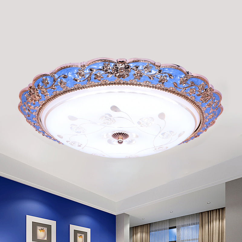 LED Bowl Shaped Ceiling Mounted Fixture Countryside Blue Finish Textured Glass Flush Lighting in Warm/White Light, 14"/16"/20" Wide Blue Clearhalo 'Ceiling Lights' 'Close To Ceiling Lights' 'Close to ceiling' 'Flush mount' Lighting' 1224148