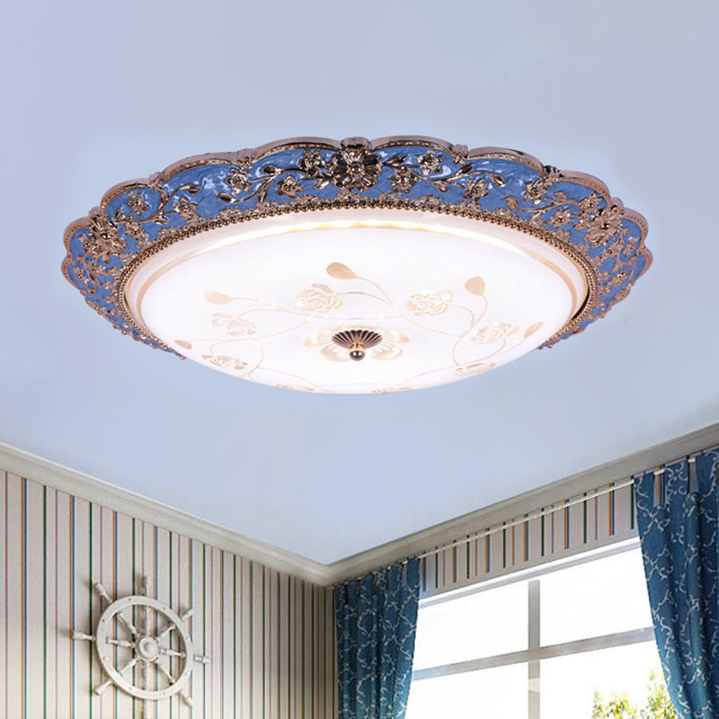 LED Bowl Shaped Ceiling Mounted Fixture Countryside Blue Finish Textured Glass Flush Lighting in Warm/White Light, 14"/16"/20" Wide Clearhalo 'Ceiling Lights' 'Close To Ceiling Lights' 'Close to ceiling' 'Flush mount' Lighting' 1224149